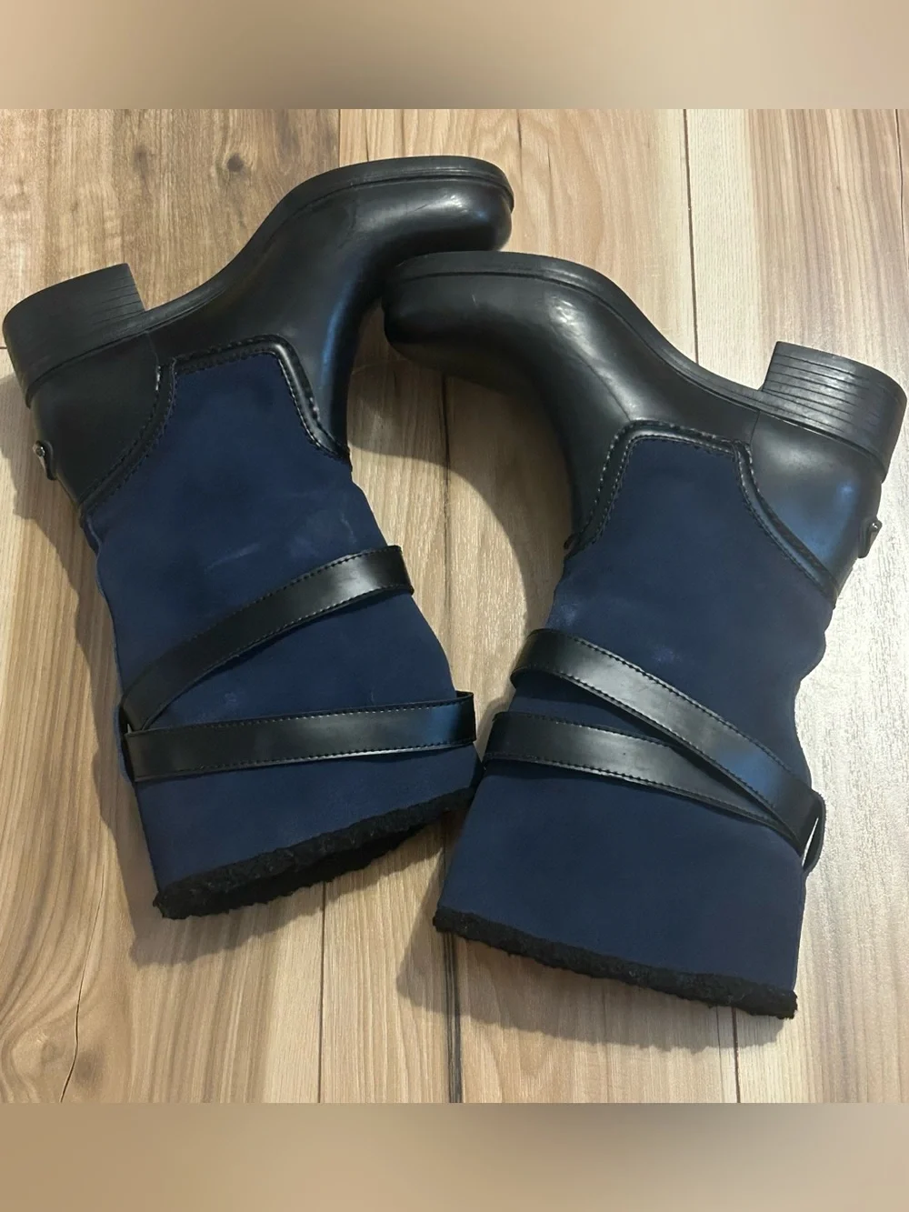 Coach Zena Navy Suede and Black Leather Mid-Calf Buckle Boots Size 8